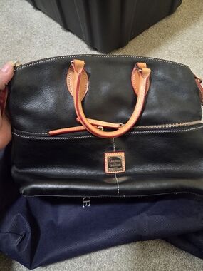 Dooney & Bourke Black Leather Satchel with Tan/Orange Trim